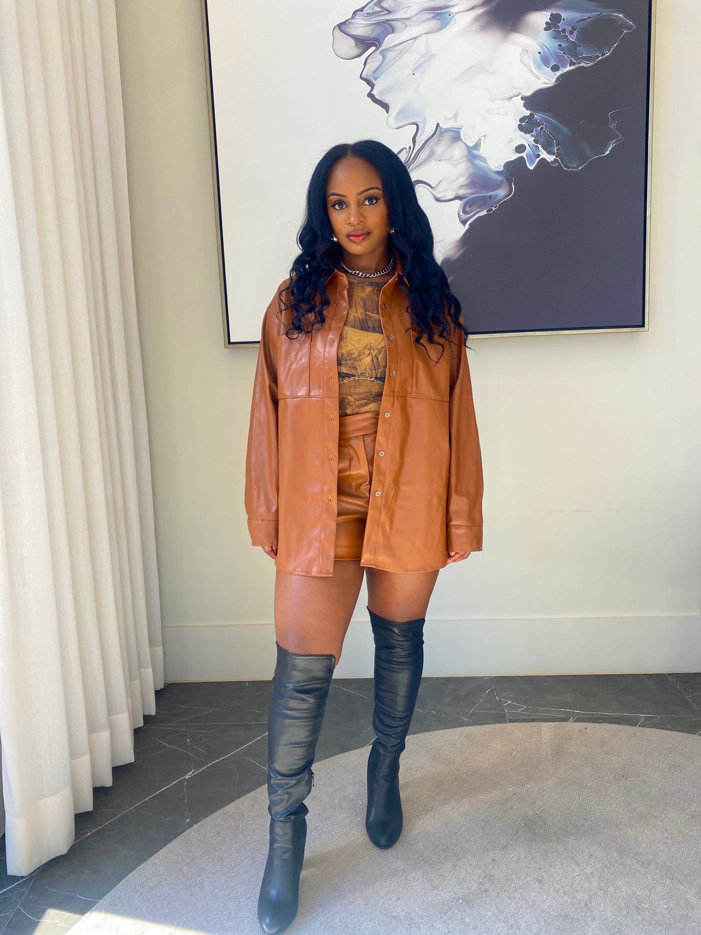 Caramel Faux Leather Shacket