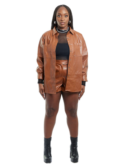 Caramel Faux Leather Shacket